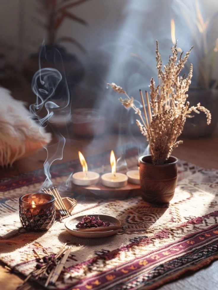 A space prepared with candles, smoke, and ritual elements