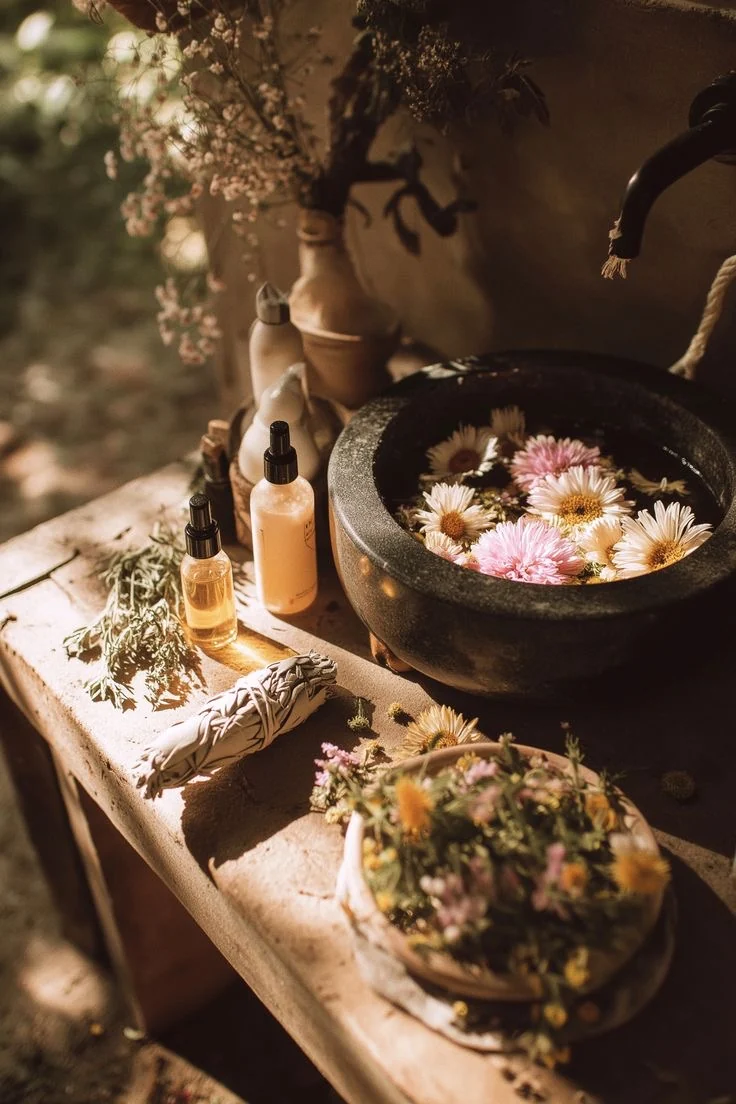 Herbs, water, and natural elements used in ceremonial preparation